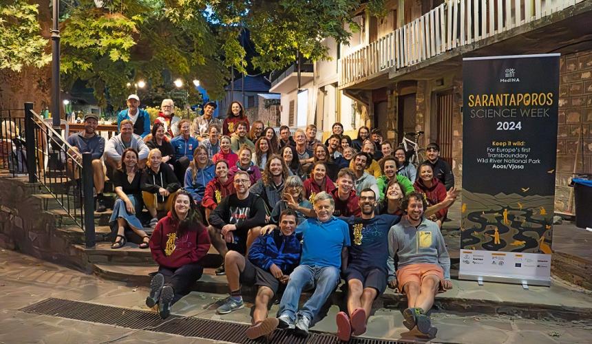 Members of the multidisciplinary scientific and organizing teams at their standard meeting point, the square of Vourbiani. © Z. Tsouglini / MedINA