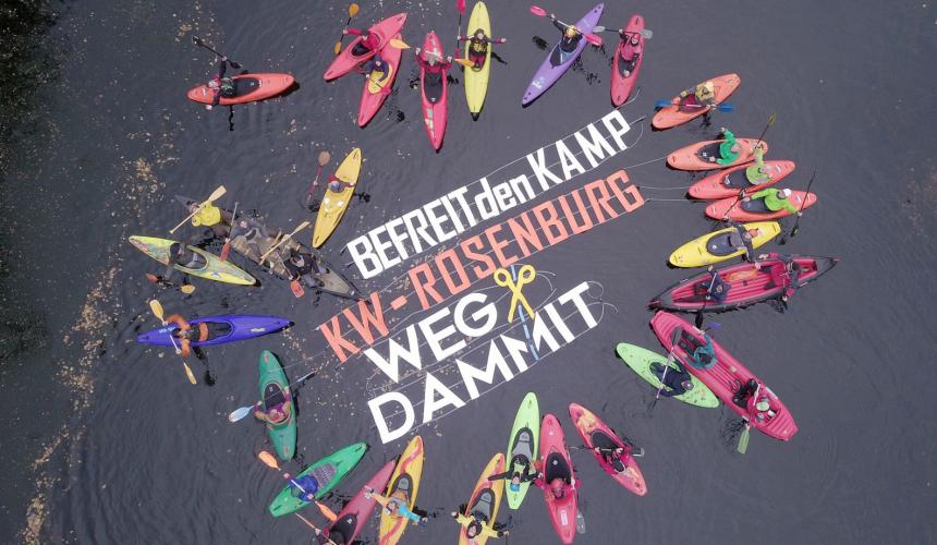 Protest action at the dam Rosenburg on the Kamp river in Lower Austria. The floating letters say “Free our rivers. HPP Rosenburg – Get rid of it” © Riverwatch