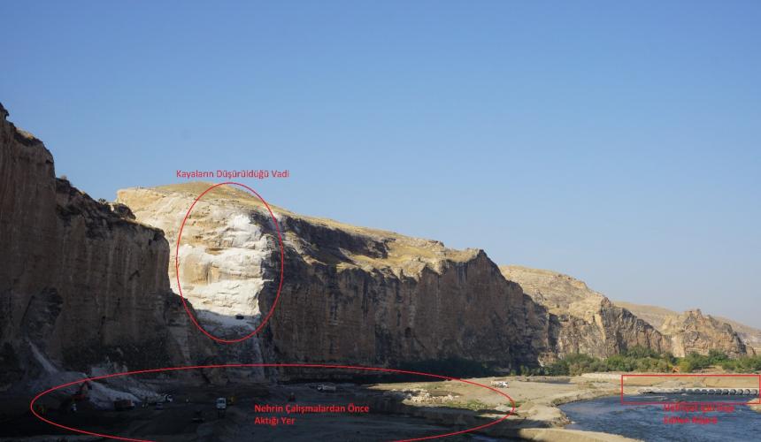 Destruction in process: collapsing of vulnerable portions of the cliffs ringing the historic town and filling of some 200 caves © Initiative to Keep Hasankeyf Alive