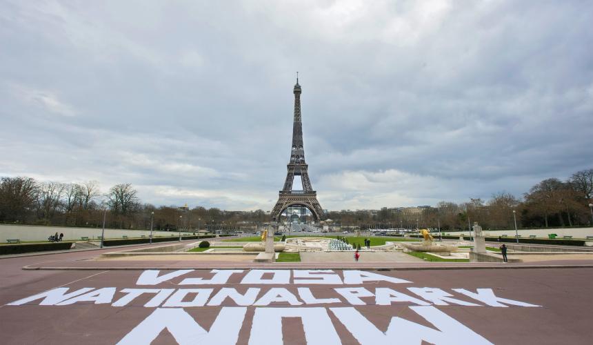 The Vjosa visual action was carried out in four capital cities in Europe. Eiffel Tower in Paris/France © Sébastien Champeaux