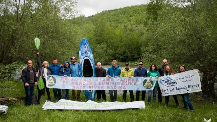 Protest against projected hydropower plants inside Mavrovo National Park. Residents join the  Balkan Rivers Tour-Team © Jan Pirnat