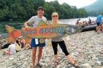Blue Heart Team (Ulrich Eichelmann and Cornelia Wieser from Riverwatch) at the Drina Regatta, protesting dam projects in the name of the threatened Huchen. © Nataša Crnković
