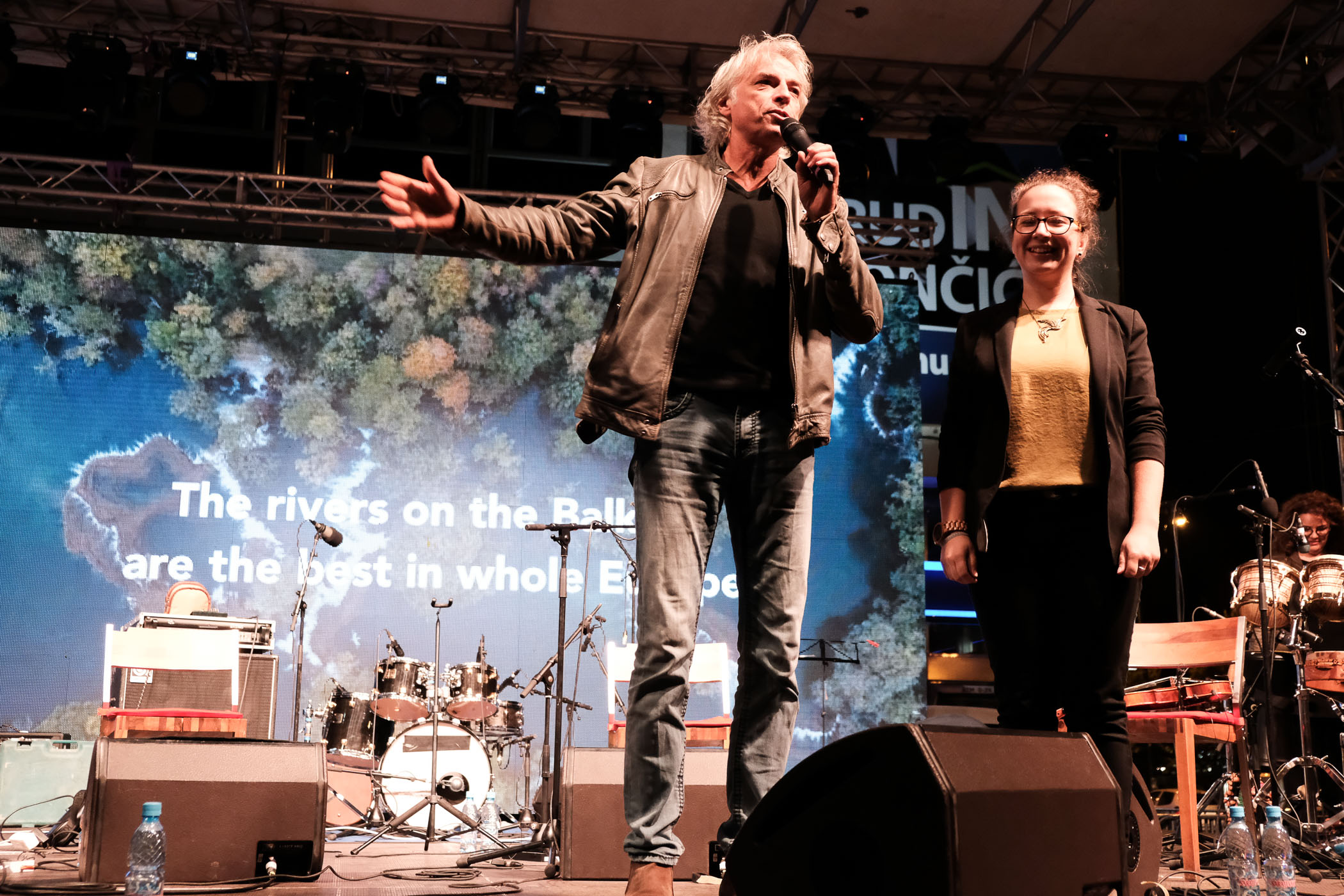 Ulrich Eichelmann (Riverwatch, Austria) and Natasa Crnkovic (Center for Environment, Bosnia and Herzegovina) speak of the dam tsunami which is threatening to destroy the rivers in the Balkans © Nick St. Oegger